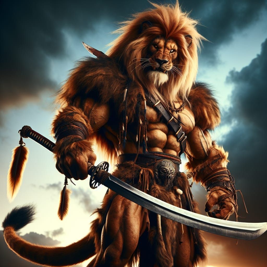 Tribal Lion Barbarian with Katana in Dramatic Setting