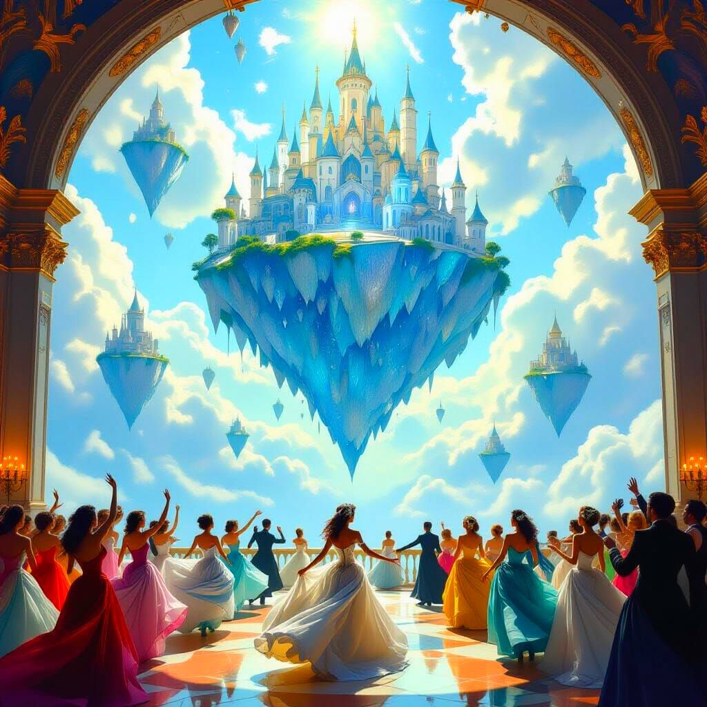 Grand Ballroom on Floating Island in Surreal Painterly Style