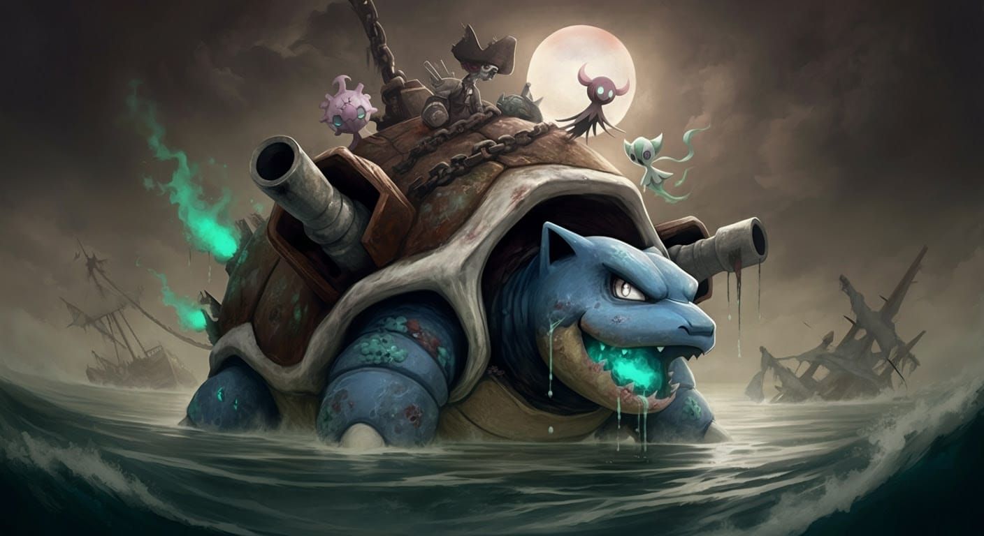 Undead Blastoise in a Haunting, Post-Apocalyptic Seascape