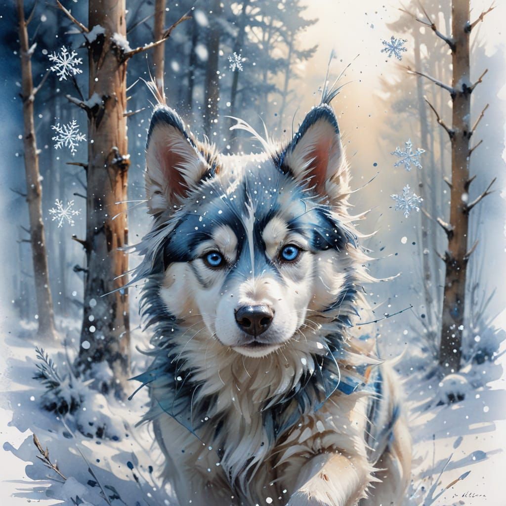 Husky Puppy Frolics in Winter Wonderland