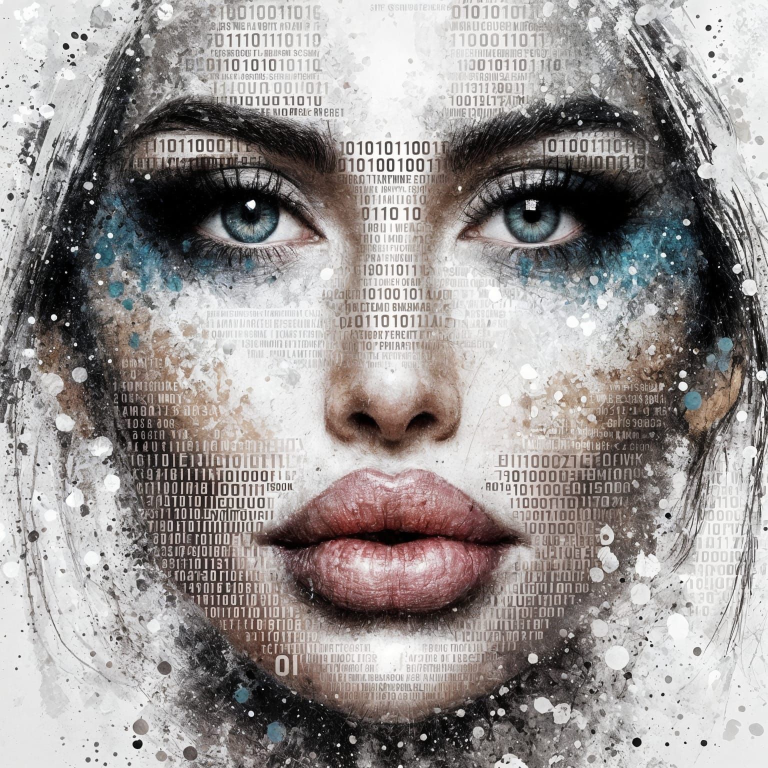 Binary Code Portrait of a Woman with Expressive Features