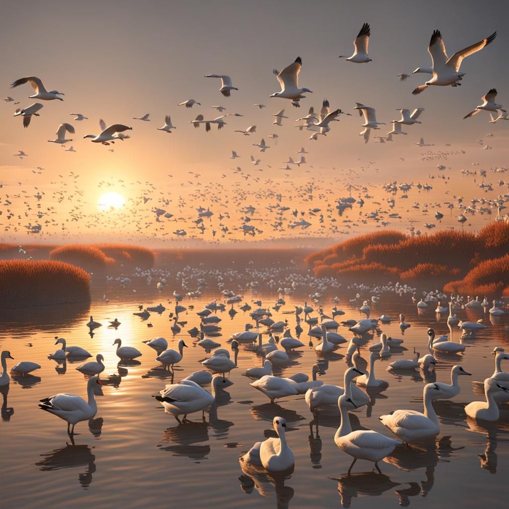 Snow Geese and Swans Migration at Sunset