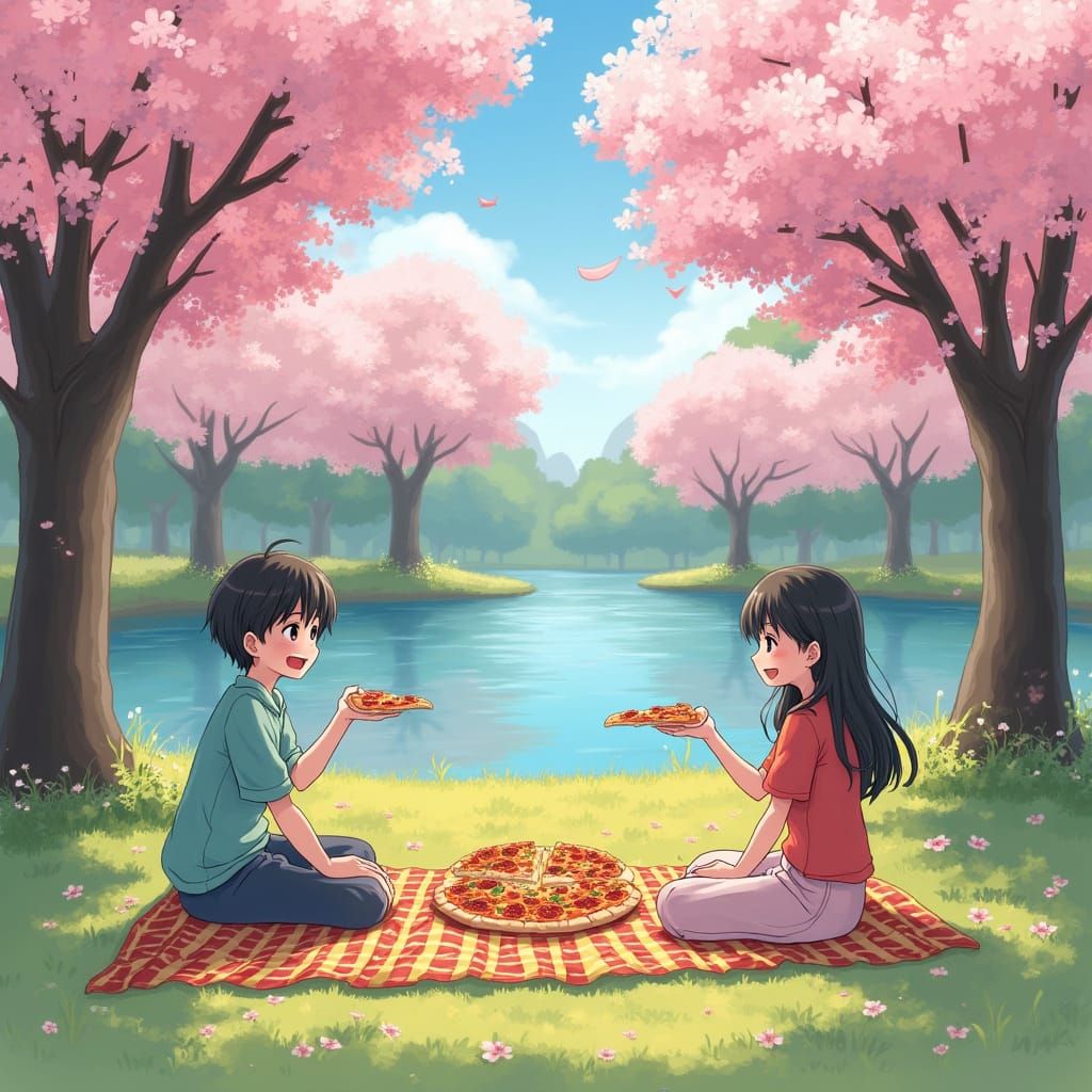Sakura Picnic: Friends Sharing Pizza in Anime Style
