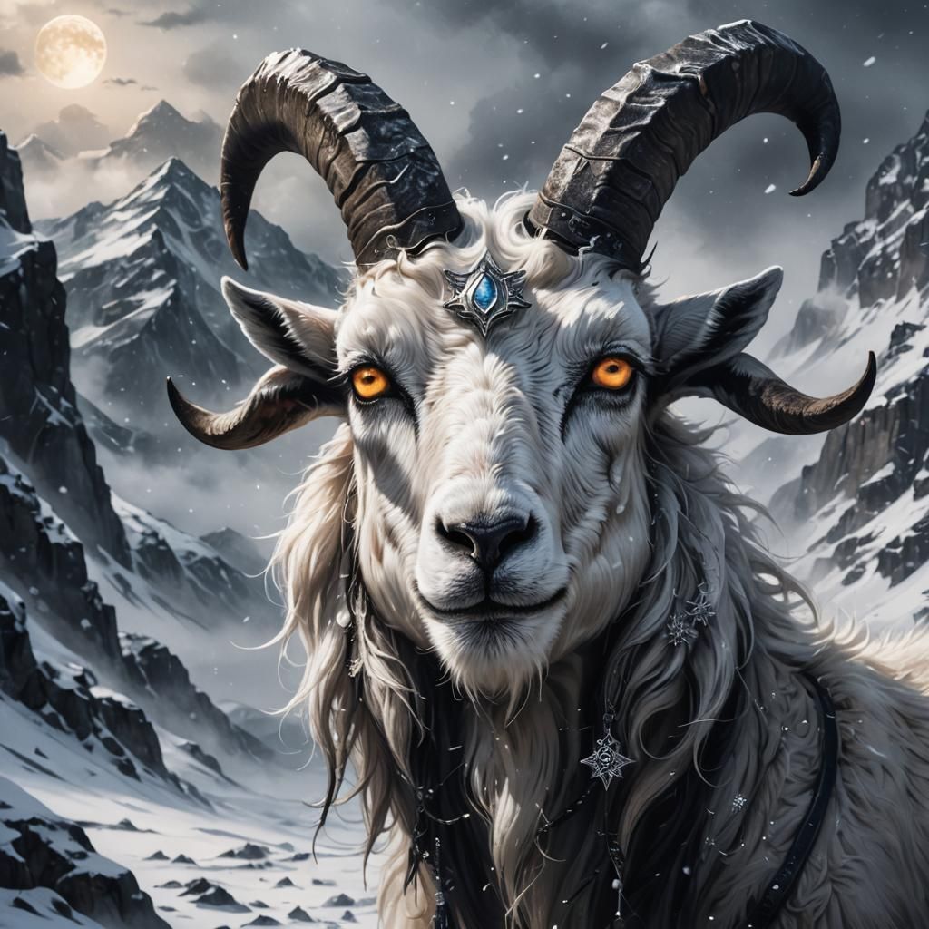 Snow God Goat Portrait in Dark Fantasy Style