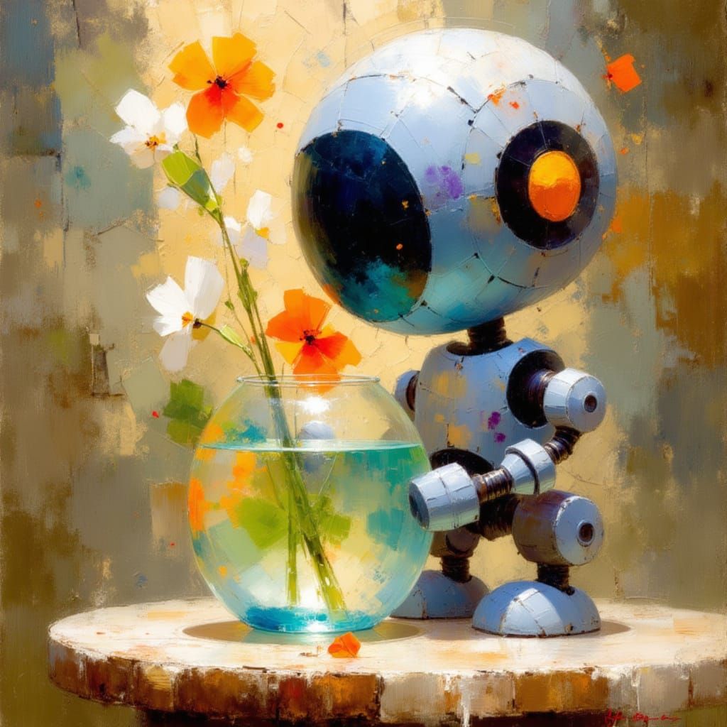 Cute Robot Holding a Fishbowl Digital Art