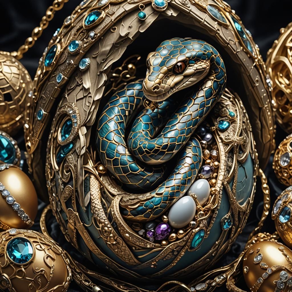 Jeweled Snake in Egg, Hyperrealistic Image