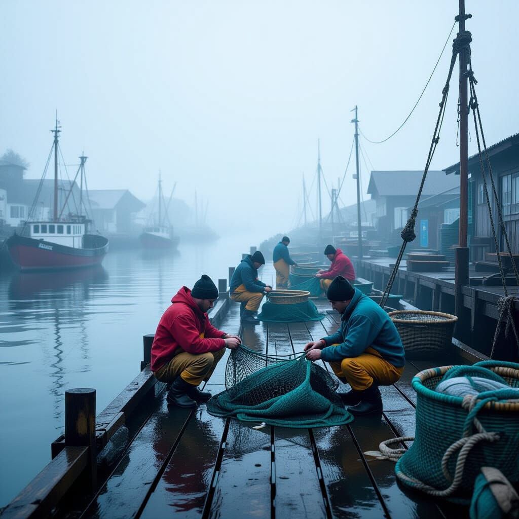 Fishermen Mending Nets in Misty Village Pier