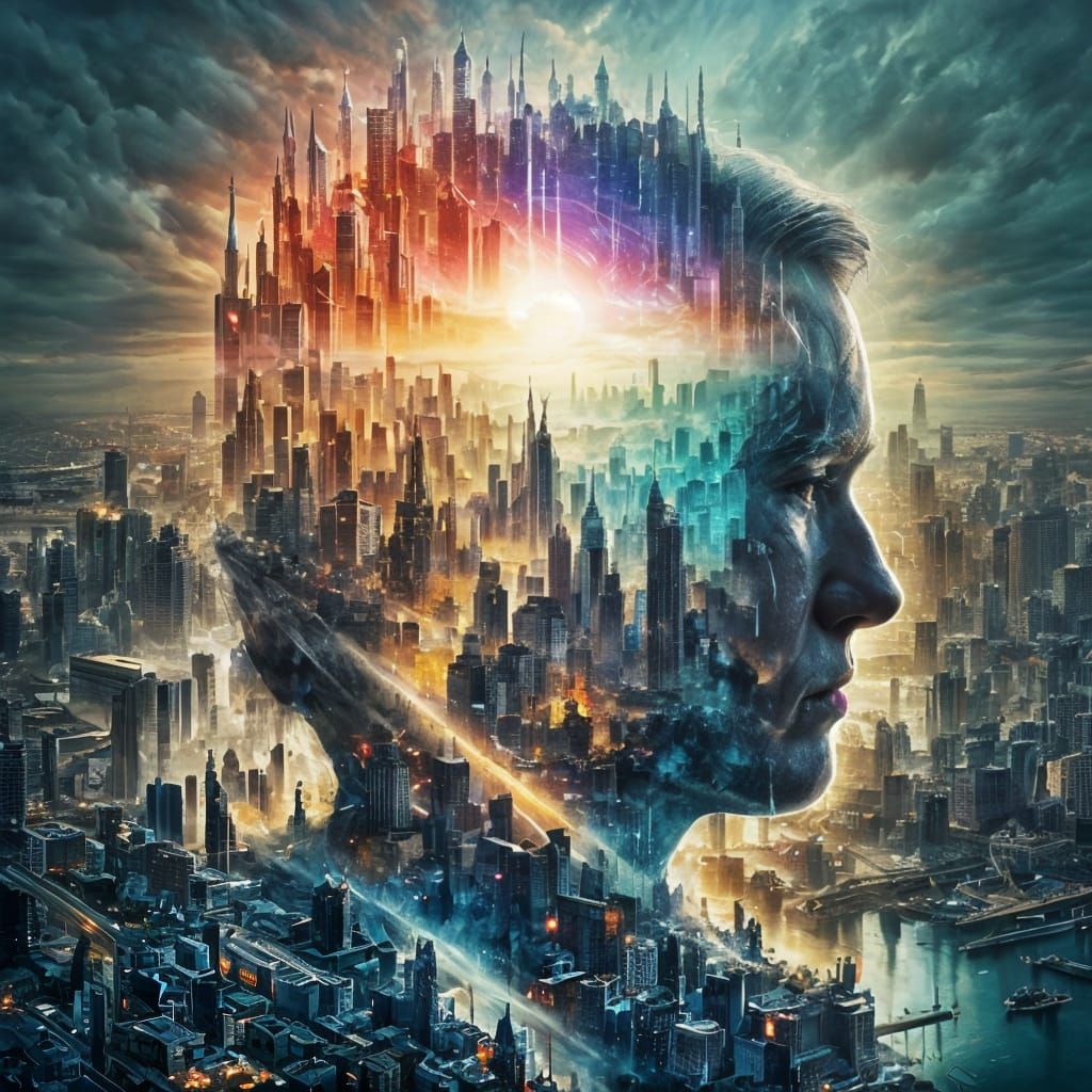 Surreal Double Exposure: Face and Cityscape