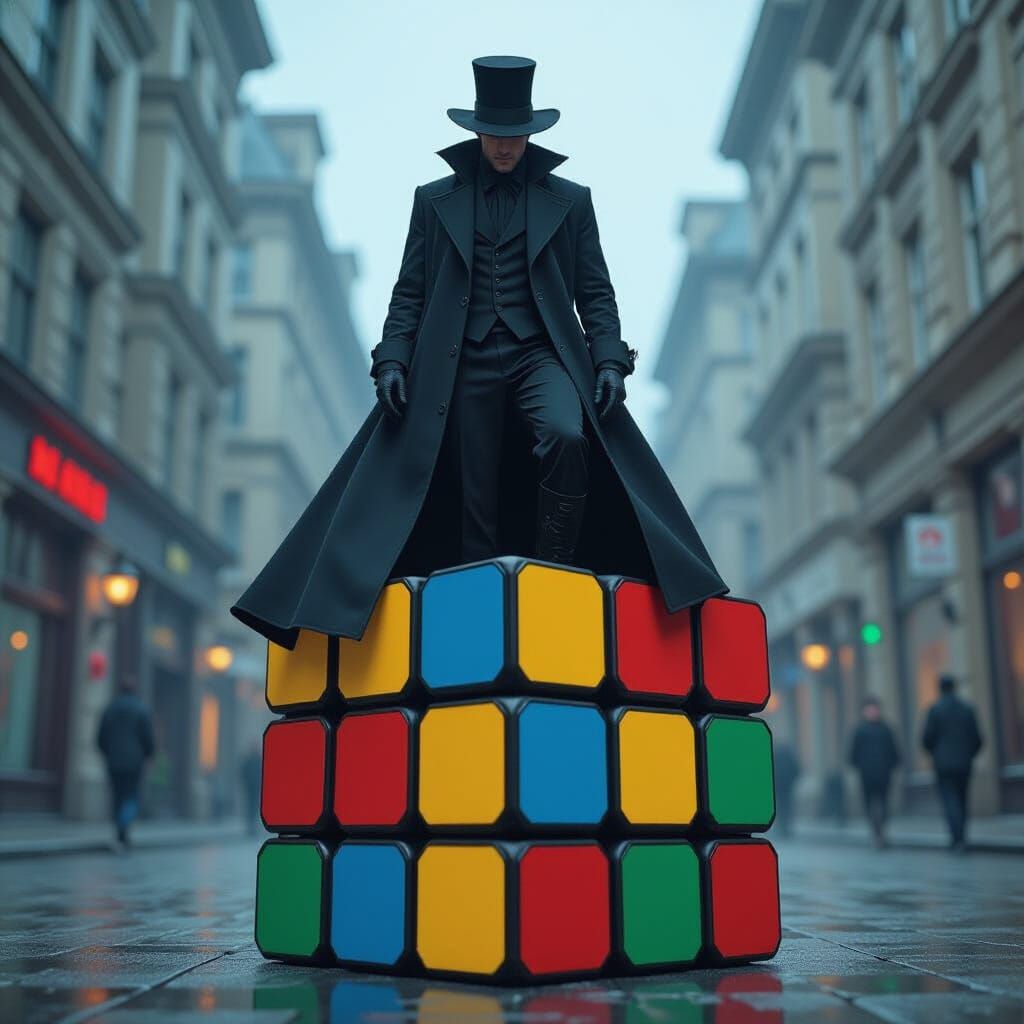 Man on Rubik's Cube in Cinematic Style