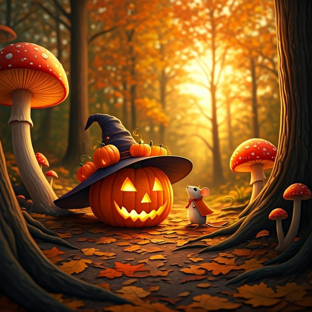 Autumnal Landscape with Pumpkin Witch Hat, 3D Render