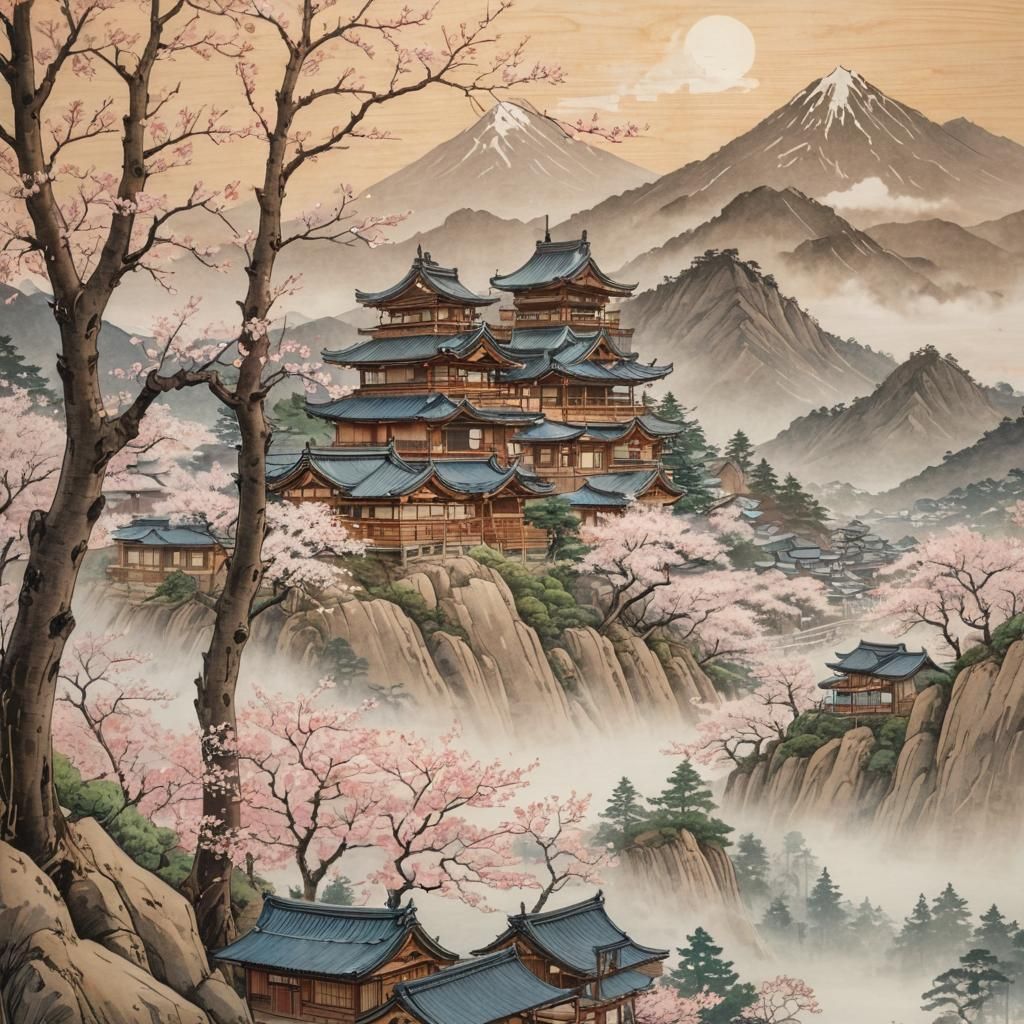 wooden carving Ukiyo-e style japanese village in front of a ...