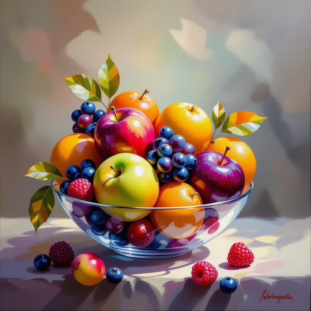Floating Fruit Harmony: Dreamy Oil Painting