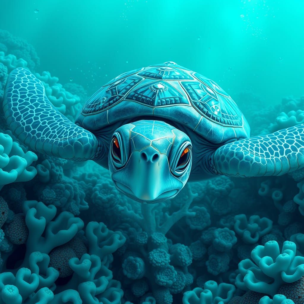 Turquoise Sea Turtle in Turquoise Coral Reef