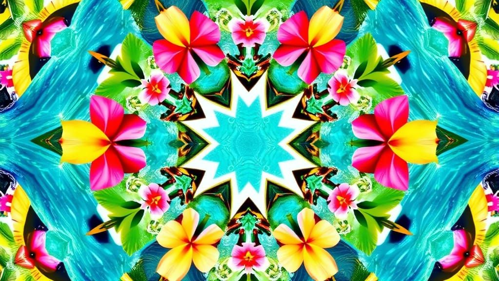 Tropical Kaleidoscope: Symmetrical Design with Flowers and U...