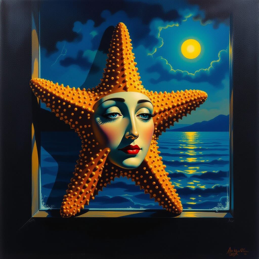 Surreal Starfish Face Against Glass Window