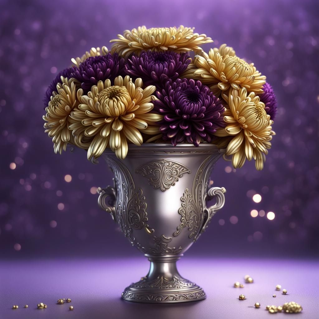 Metallic Chrysanthemums in Vase, Steampunk Art
