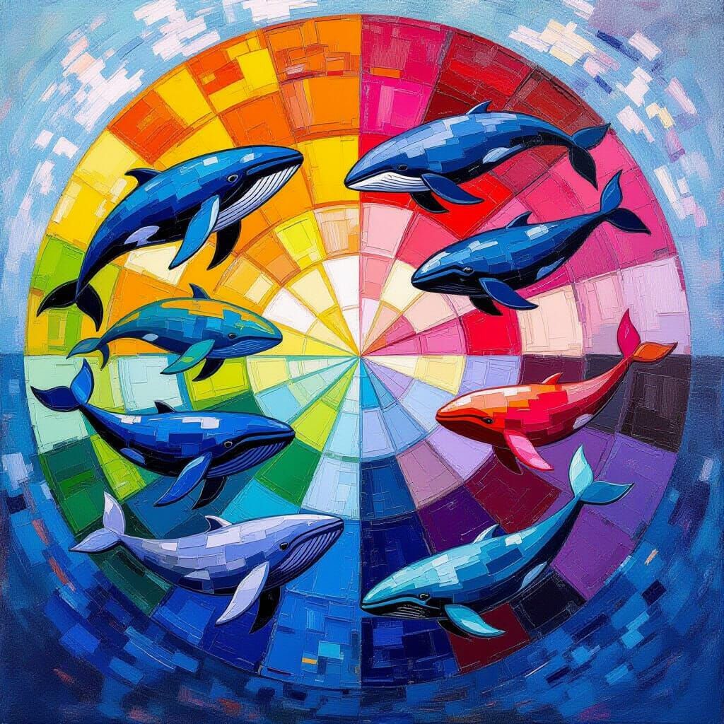 Whales in a Vibrant Color Wheel: Impressionist Art