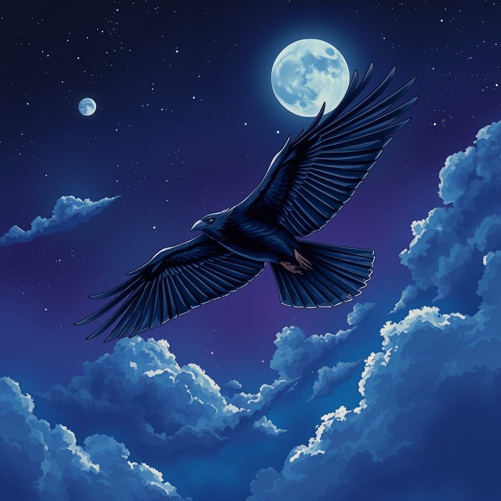 Surreal Nighttime Flight in Deep Blues and Purples, Anime-In...
