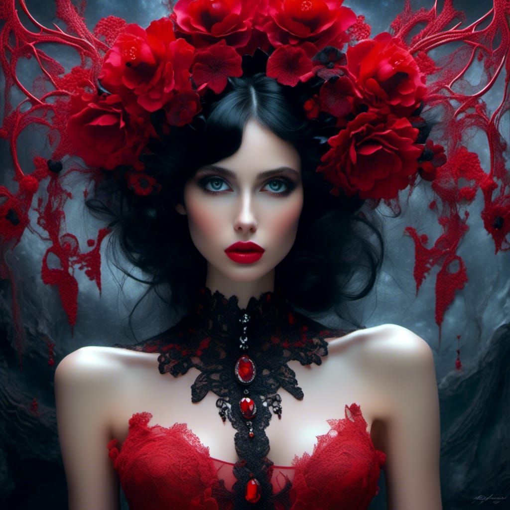 Gothic French Portrait in Red Latex Lingerie