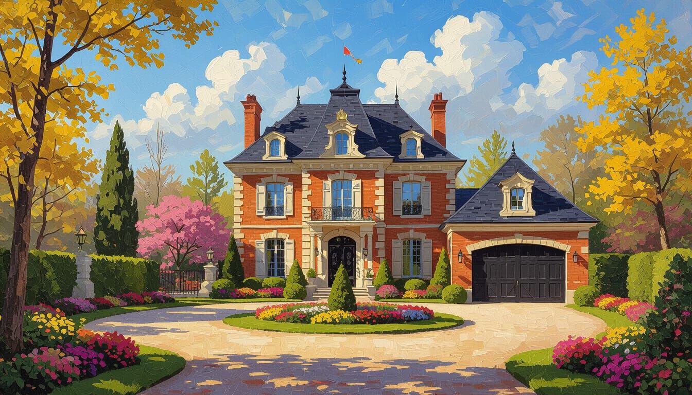 Grand Brick Chateau Surrounded by Vibrant Trees and Flowers