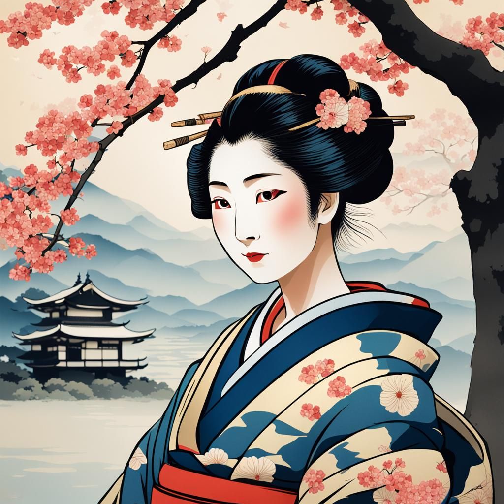 Serene Geisha in Ukiyo-e Style Garden
