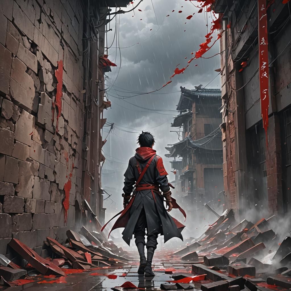 Solitary Bleeding Man in Anime Art Style