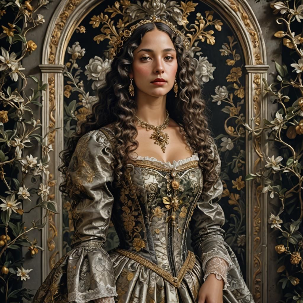 Renaissance Noblewoman in Beachfront Garden, Studio Photo