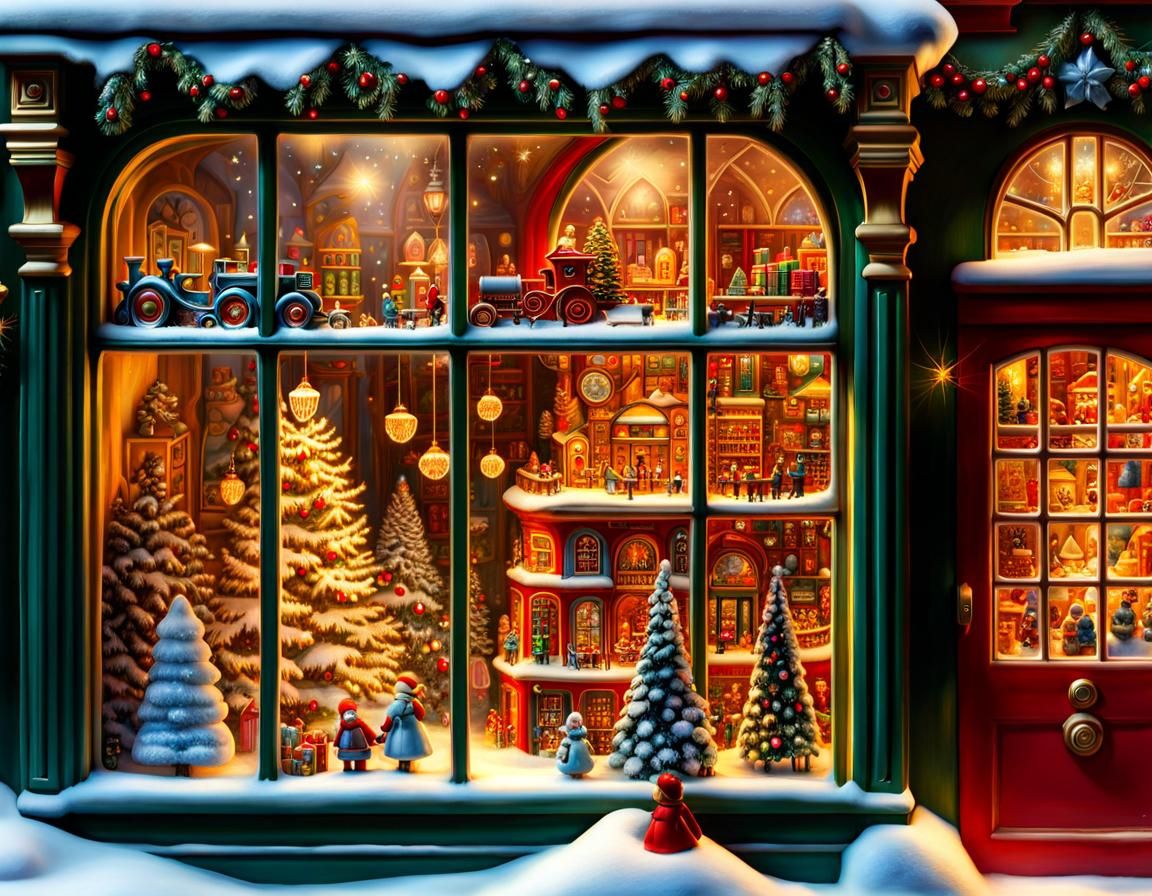 Magical Christmas Toy Store Window Display in Digital Oil