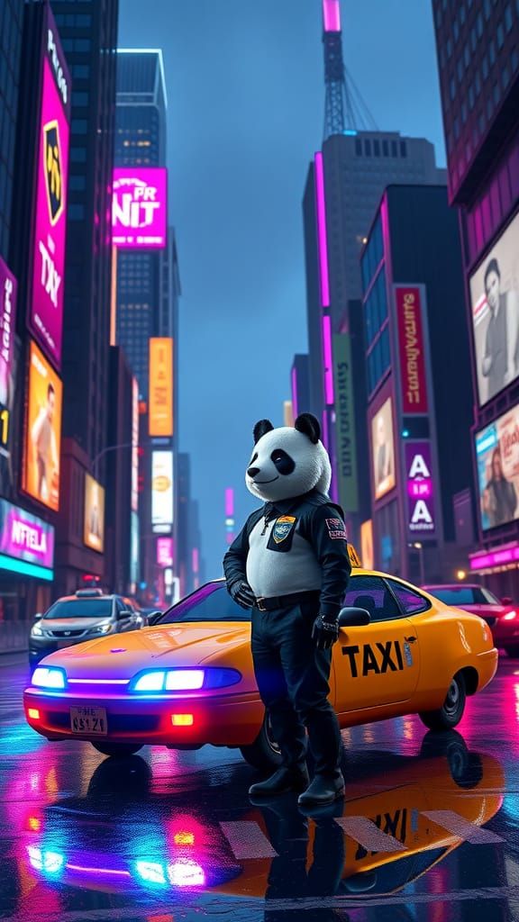 Surreal Cyberpunk Scene of Panda Taxi Driver and Voxel Hover...