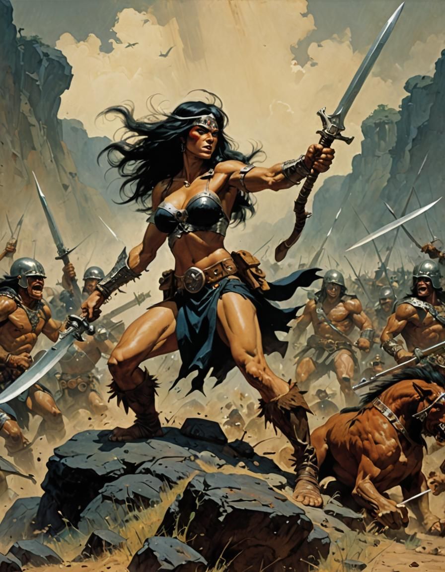 Theira the Barbarian, fighting the hordes of Ukharas