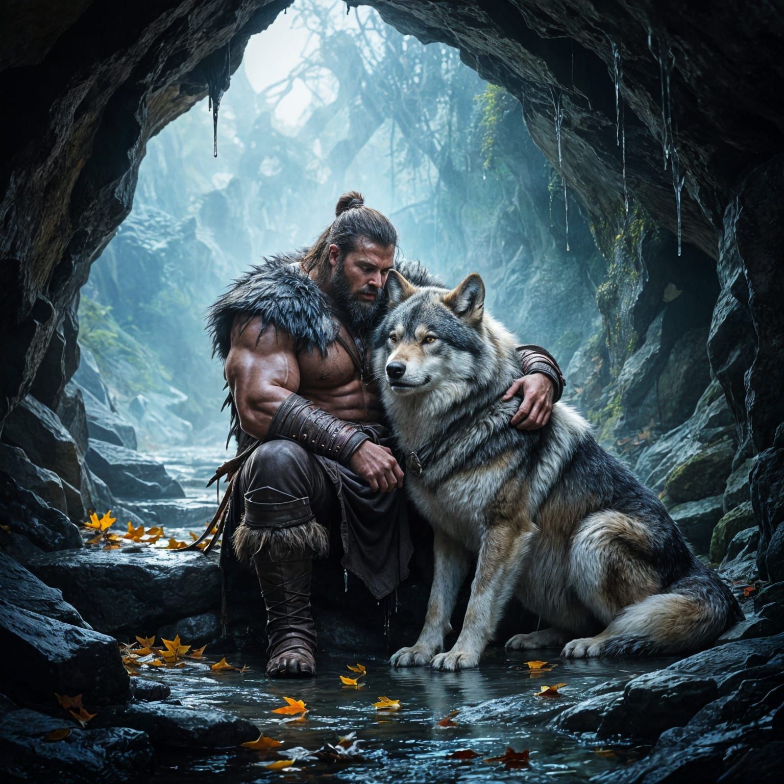 Barbarian Warrior and Wolf in Autumn Cave