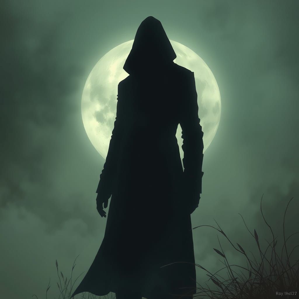 Mysterious Figure in Moonlit Shadows, Dark Coat
