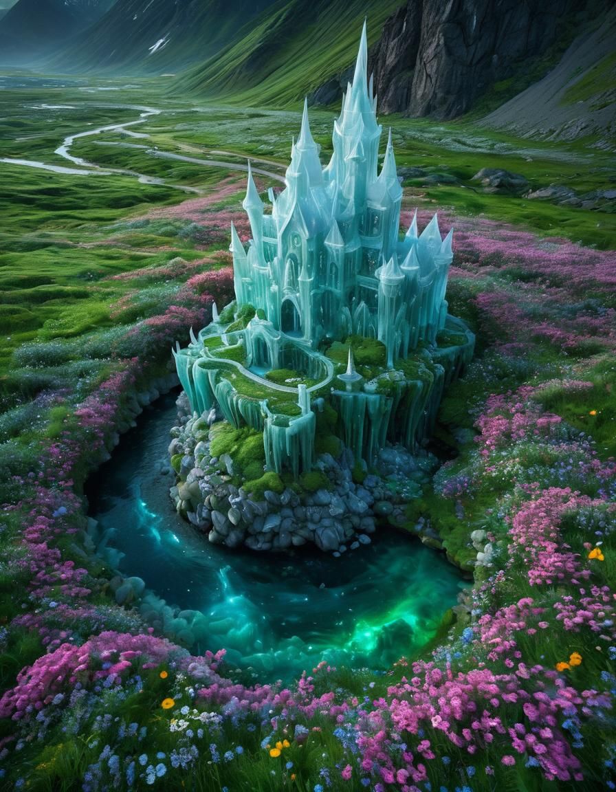 Surreal Ice Palace in Arctic Oasis with Aurora Borealis