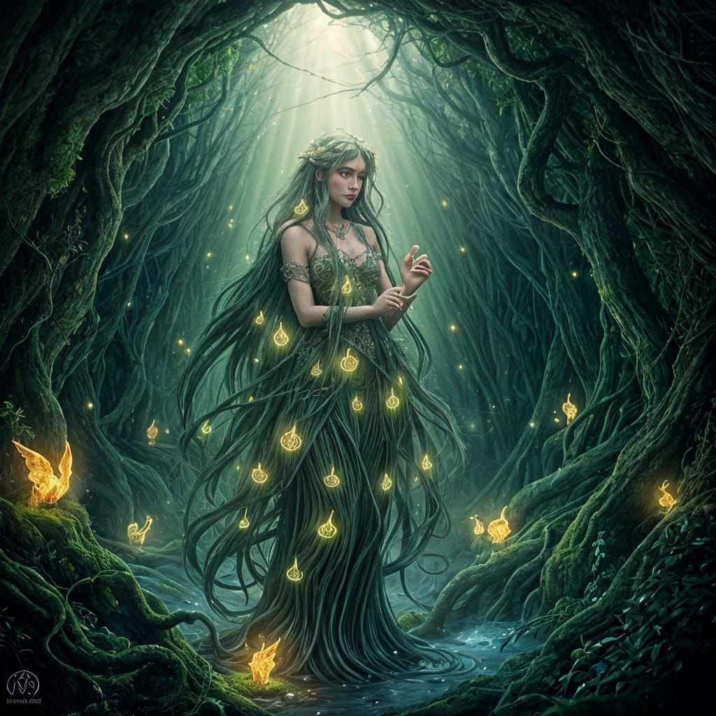 Whimsical Druidess in a Hidden Grotto