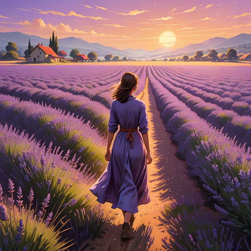 Woman Walking Through Lavender Fields in Dreamlike Digital A...