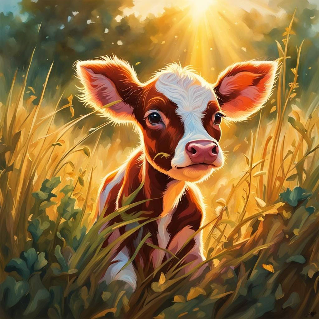 Kawaii Calf Playing in Tall Grass