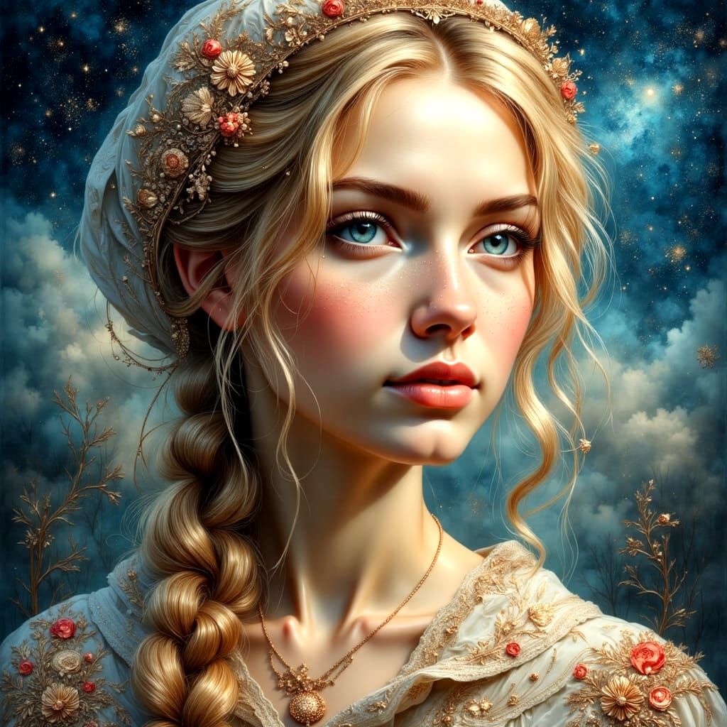 Woman with shining blue eyes and silky blonde hair