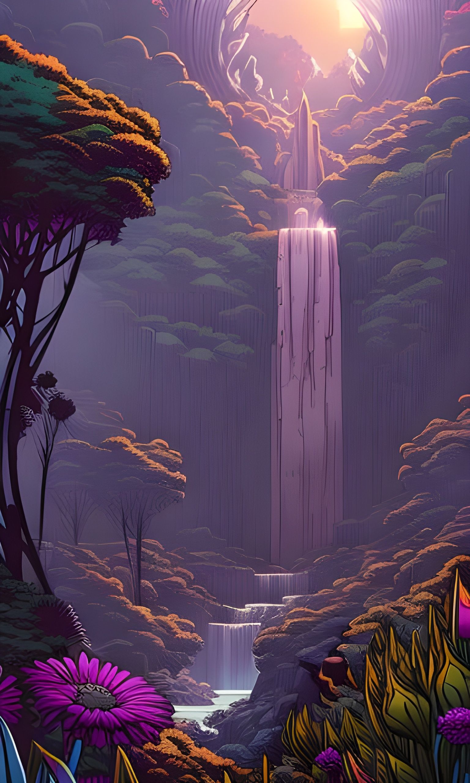 Fantasy Flower Landscape with Waterfall in Comic Book Style
