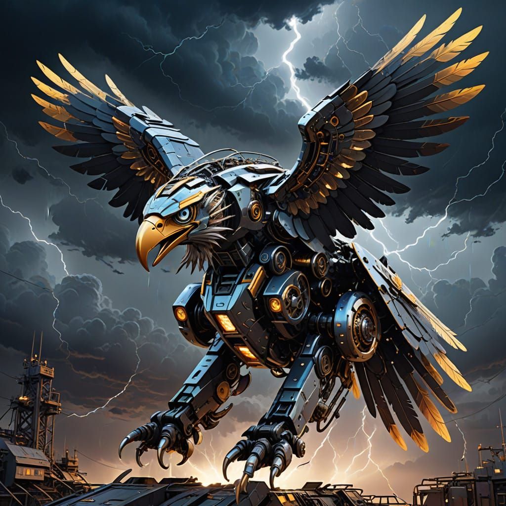 Industrial Futuristic Eagle Robot Soars Through Electric Sto...
