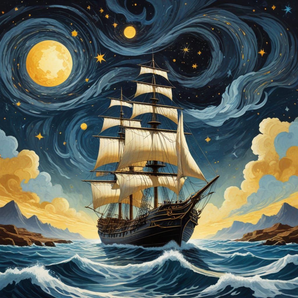 Mystical Sailing Ship on Plateau: Surrealist Science Art