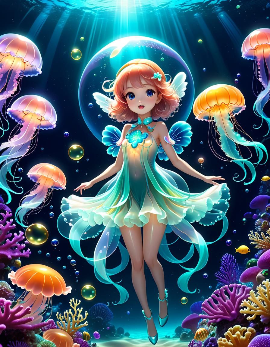 Bioluminescent Anime Jellyfish Angel in Bustling Sea