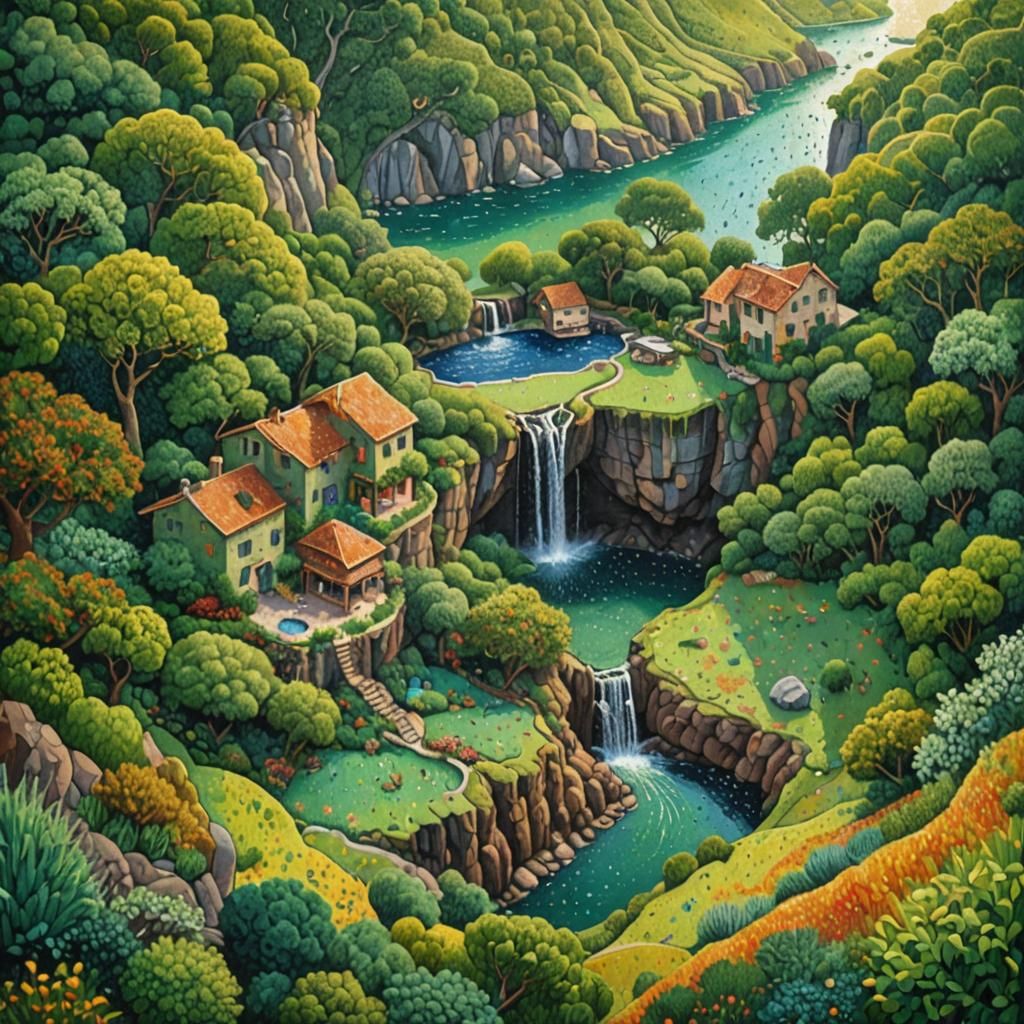 Cliffside House at Watering Hole in Pointillism Style