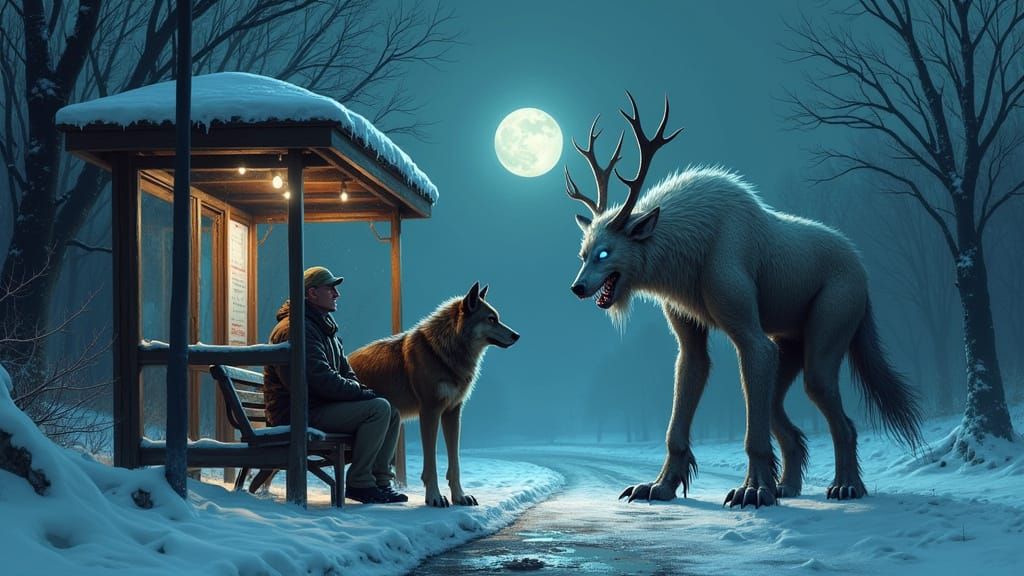Wendigo and Werewolf Wait at Bus Stop