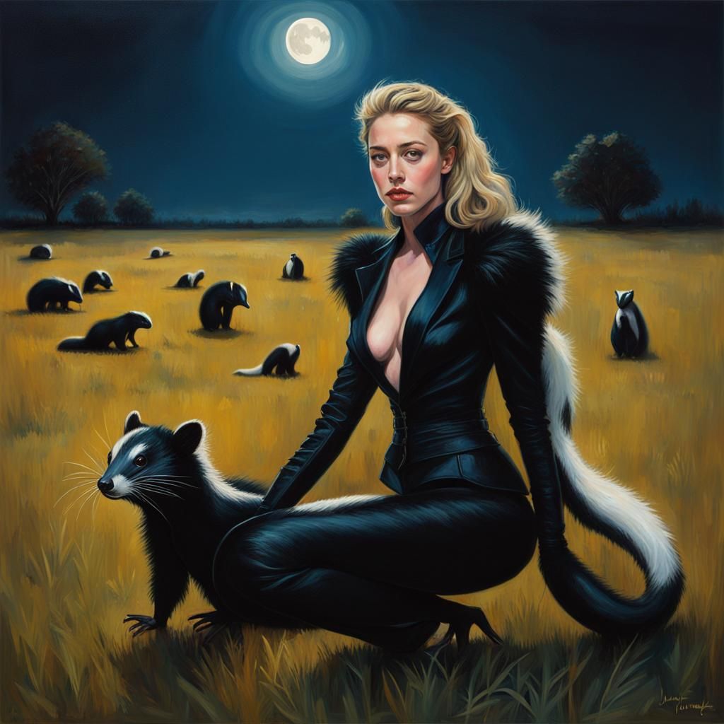 Skunk Suited Figure in Field with Giant Skunks