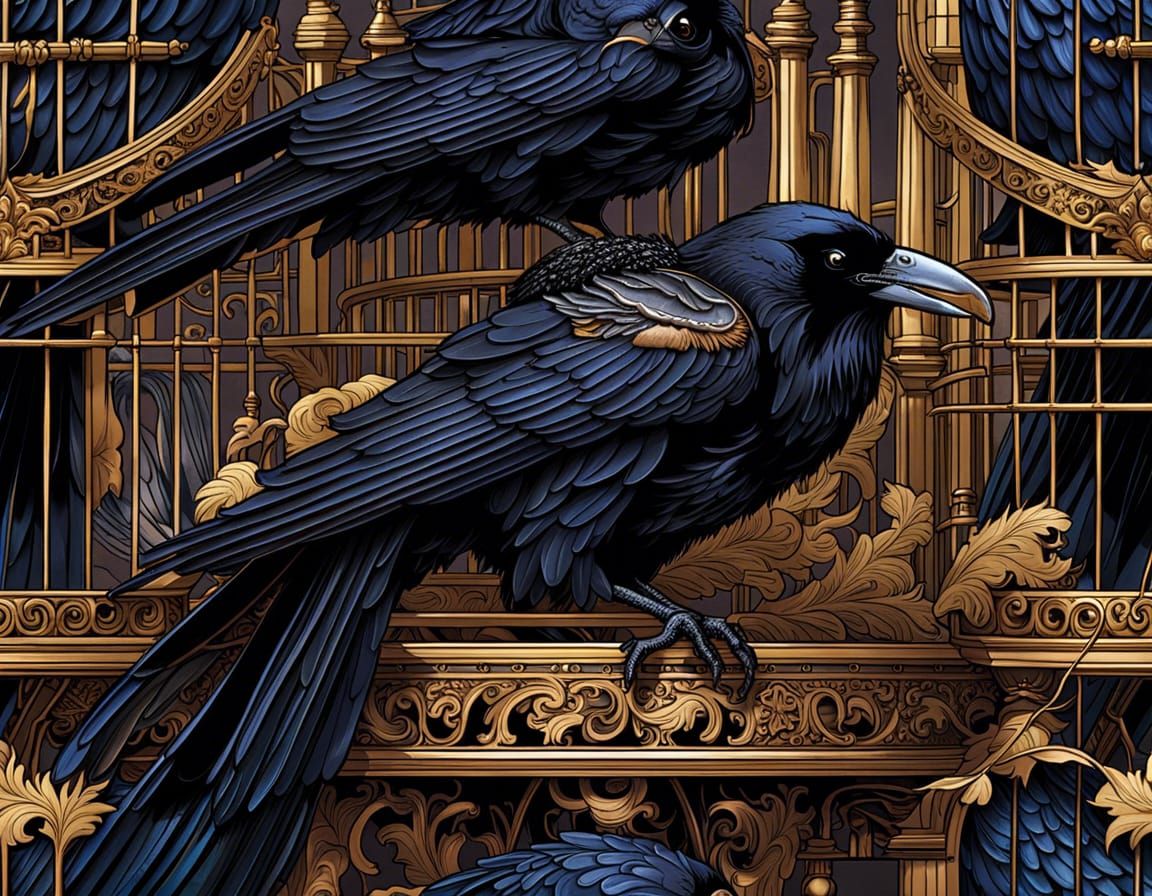Raven Preening on Cage: Detailed Digital Artwork