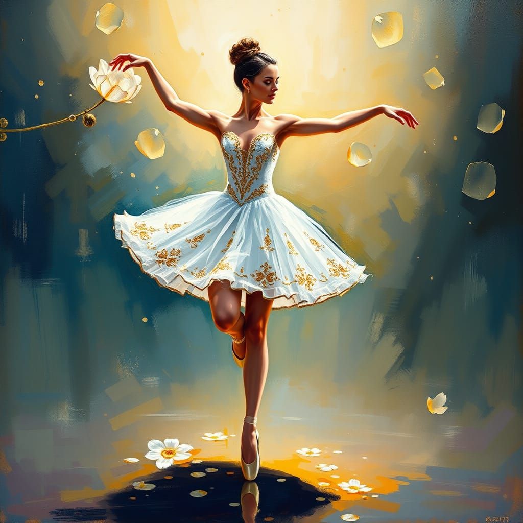 Ballerina Balancing En Pointe in Golden Tutu, Impasto Oil Pa...