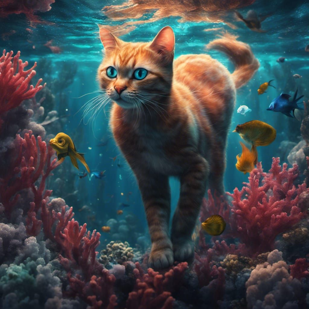 Mermaid Cat Swimming Underwater: Detailed Matte Painting