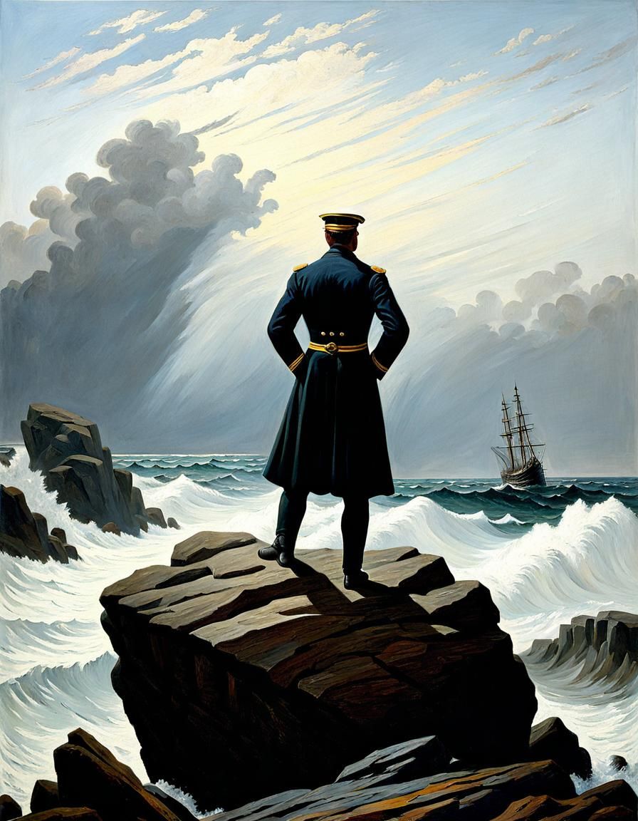 Ship captain stands on a rock and looks at the sea   /4