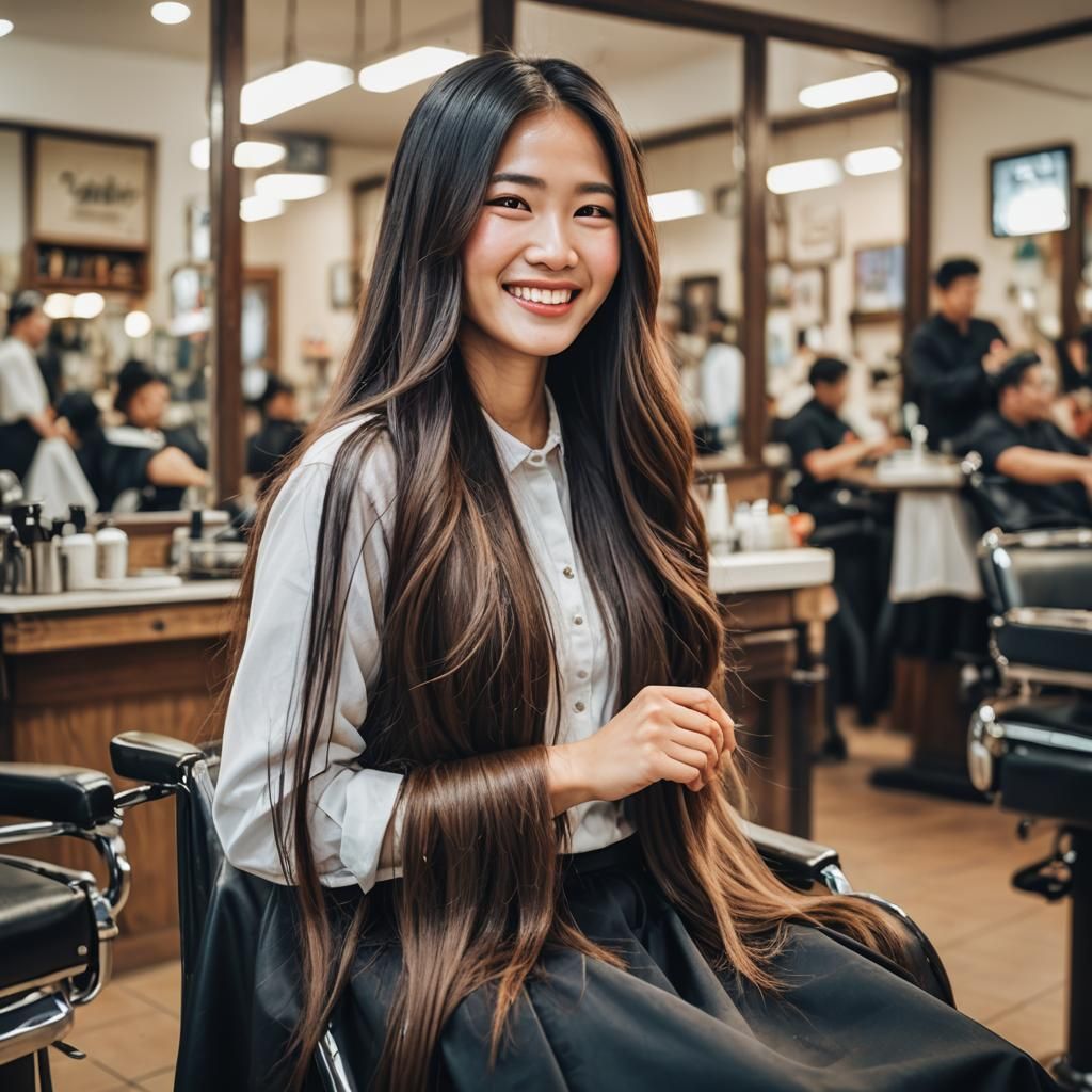 Asian Woman Smiling at Barber Shop with Long Hair