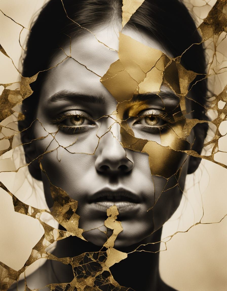 Surreal Kintsugi Portrait with Gold Accents